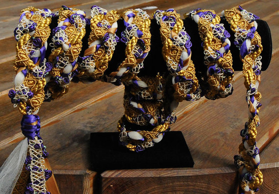 Handfasting Cord In Purple And Gold, With Satin Ribbons And Delicate Trellis Trim