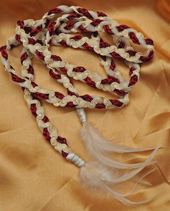 Handfasting Cord In Burgundy And Gold, With Cream Tulle And Feather Embellishments