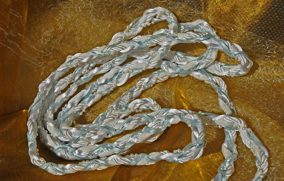 Handfasting Cord In White, Silver And Pale Blue, With White Pearl Trim