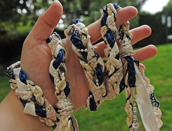 Handfasting Cord In Cream And Navy Blue, With Antique Finish Lace, Cream Pearls And Swarovski Beads