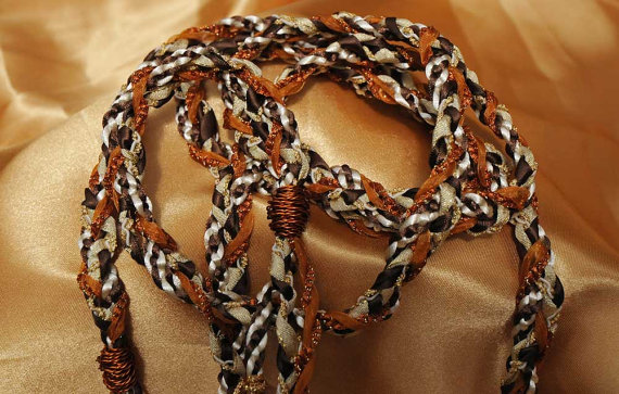Handfasting Cord In Chocolate Brown, Cream, Gold, Bronze And Burnt Orange. Wire Wrapped Ends