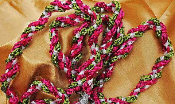 Handfasting Cord In Fuscia Pink And Lime Green Satin, With Satin And Organza Trim And Optional Diamante Heart