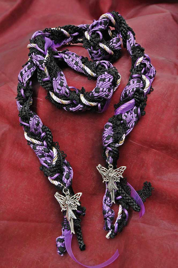 Handfasting Cord In Black, Lilac And Purple With Woven Moroccan Ribbon And Tibetan Silver Fairies
