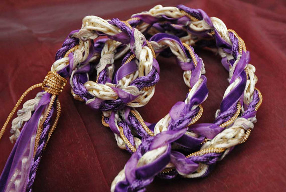 Handfasting Cord In Purple, Gold And Cream, With Velvet Ribbon, Gold Trim And Gold Beads