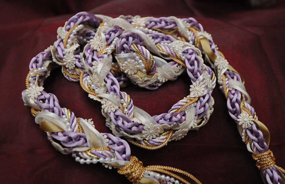 Handfasting Cord In Lilac And Cream, With Pearls, Flower Braid And Gold Trim