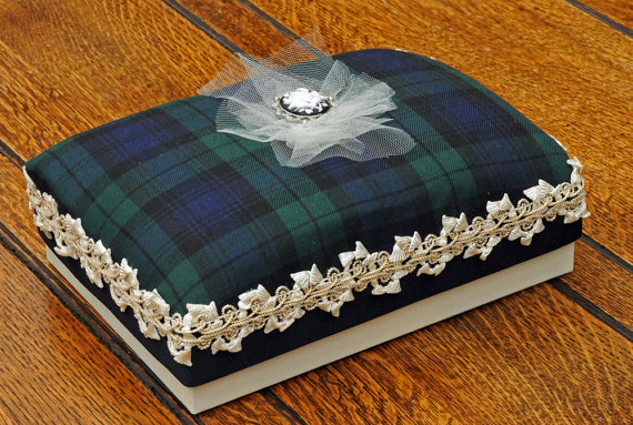A5 Luxury Tartan Gift Box, With Blackwatch Fabric Lid, Cream And Gold Trim And A Rose And Diamante Cameo Centrepiece.
