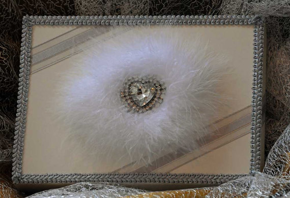 A5 Keepsake Presentation Gift Box. Ivory Coloured Card Box With Feather And Diamante Centrepiece